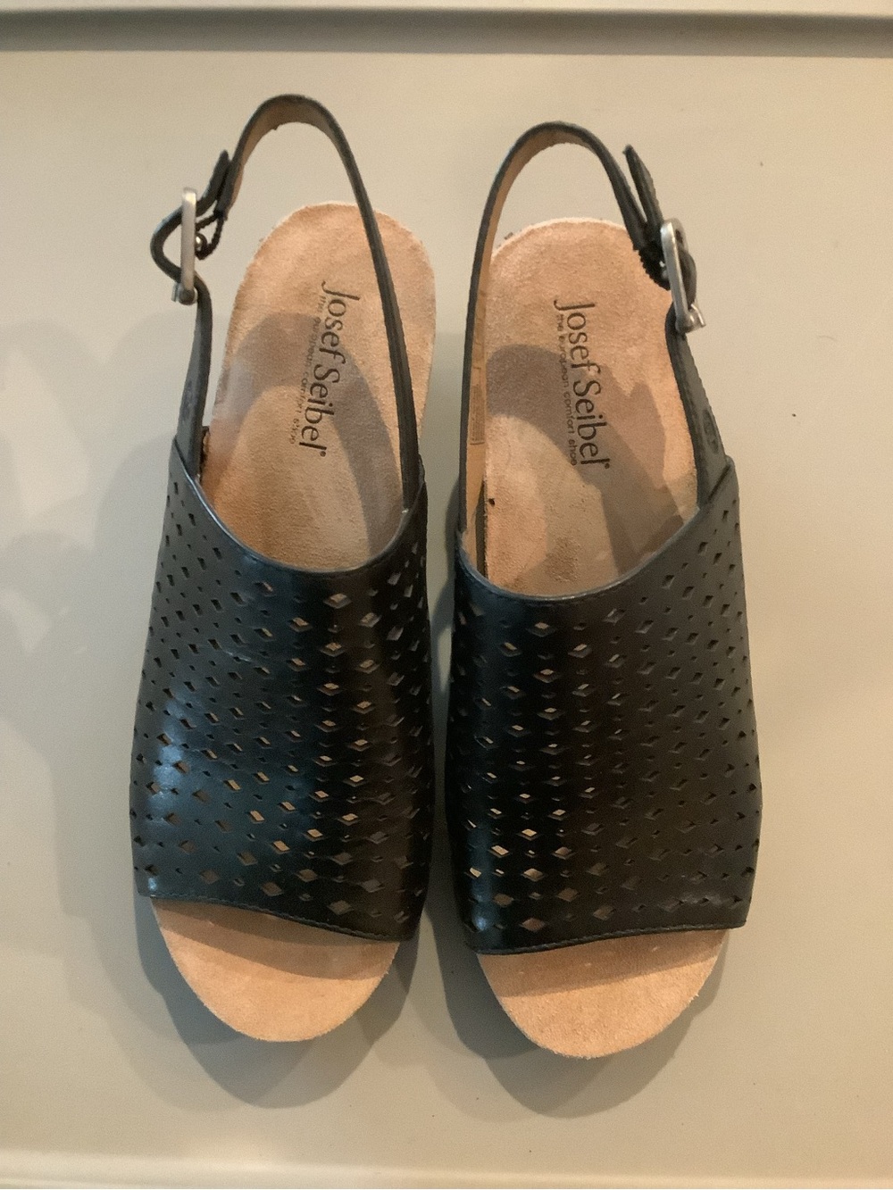 Josef Seibel Black Perforated Leather Slingback Sandals
